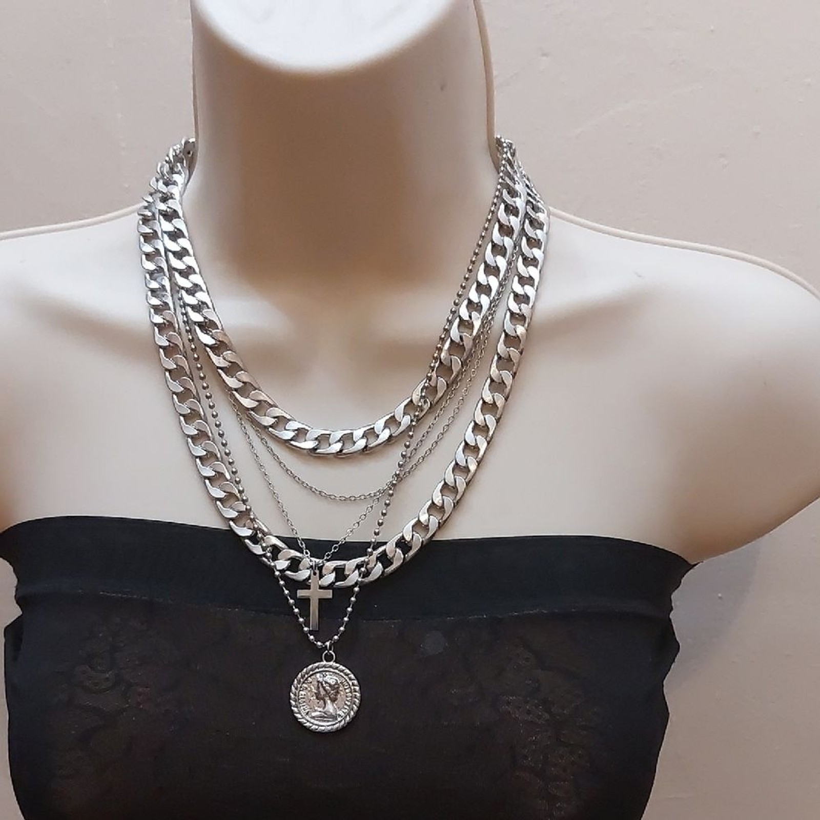 Silver Tone Layered Chains Statement Necklace Wit… - image 1