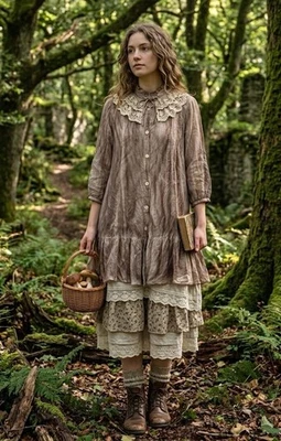 Vestido túnica Apu algodón seda beige mujer S/M Lagenlook Mori con volantes bosque hada - Imagen 1 de 4