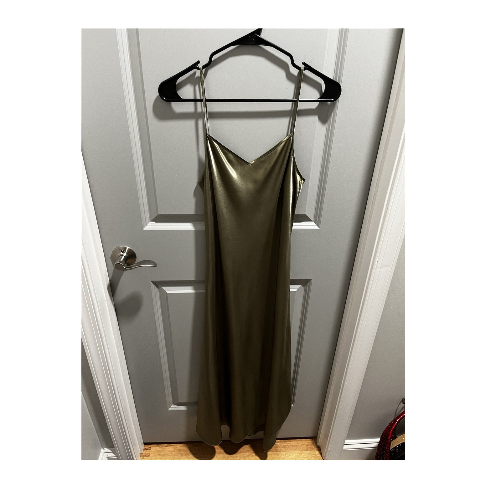 AllSaints Olive Gold Liquid Satin Slip Midi Dress XS