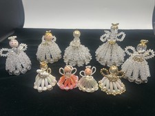 Vtg 9 Handmade Beaded Angel Safety Pin Dolls Christmas Ornaments Lot Wooden Head