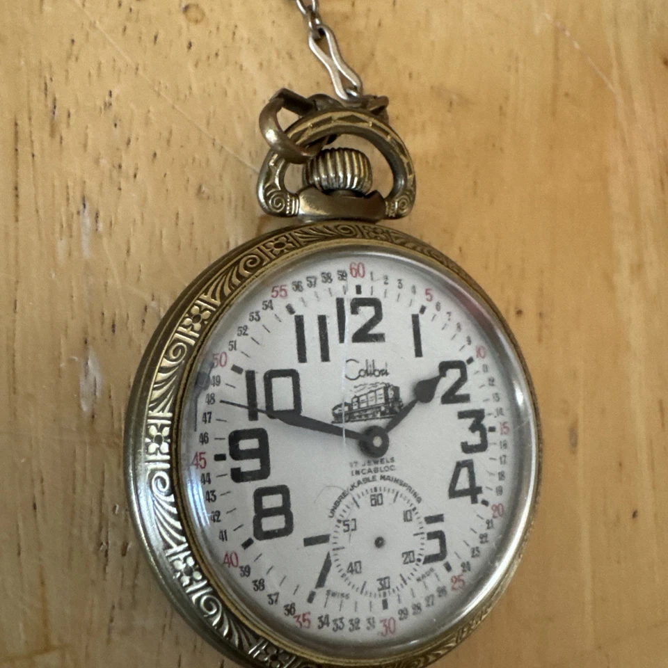 Reloj Bolsillo Ferrocarril Suizo Colibei Vintage 17 Joyas Locomotora Grabado. Foto 2 de 4