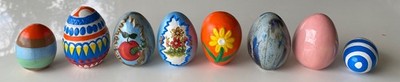 Collection of 8 Hand Painted Ceramic Eggs : Designs + Flowers + Apple : Easter