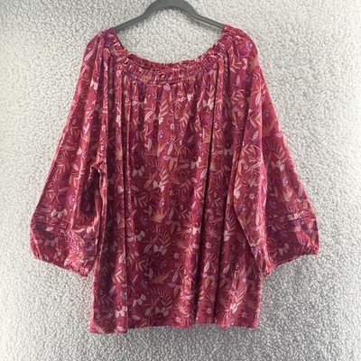 J. Jill Women s Pink Floral Knit Ruffle Neck 3/4 Sleeve Peasant Top Size 3X