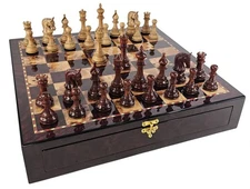Bloodwood Antiqued Boxwood Staunton LUXURY Chess Set Cherry Color Storage Board