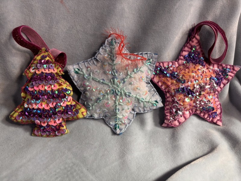 Felt Ornament Lot of 3 Christmas Ornaments, handmade sequin ornaments