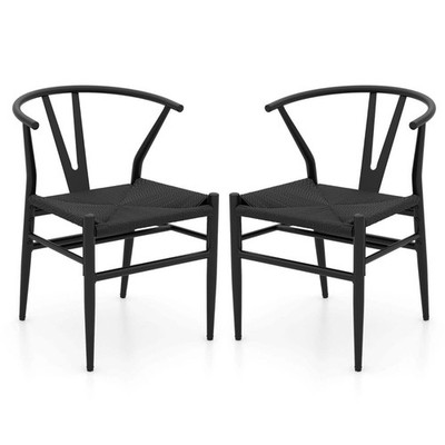 Wishbone Esszimmerstuhl 2er Set mit Y-förmiger Rückenlehne und geflochtenem Garnsitz - Schwarz