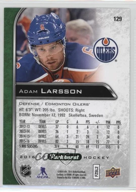 2016-17 Upper Deck Parkhurst Adam Larsson #129 - Image 2 of 2