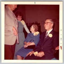 Vtg Color Snapshot Older Couple Family Formal Party Suits Dresses Corsage 1973