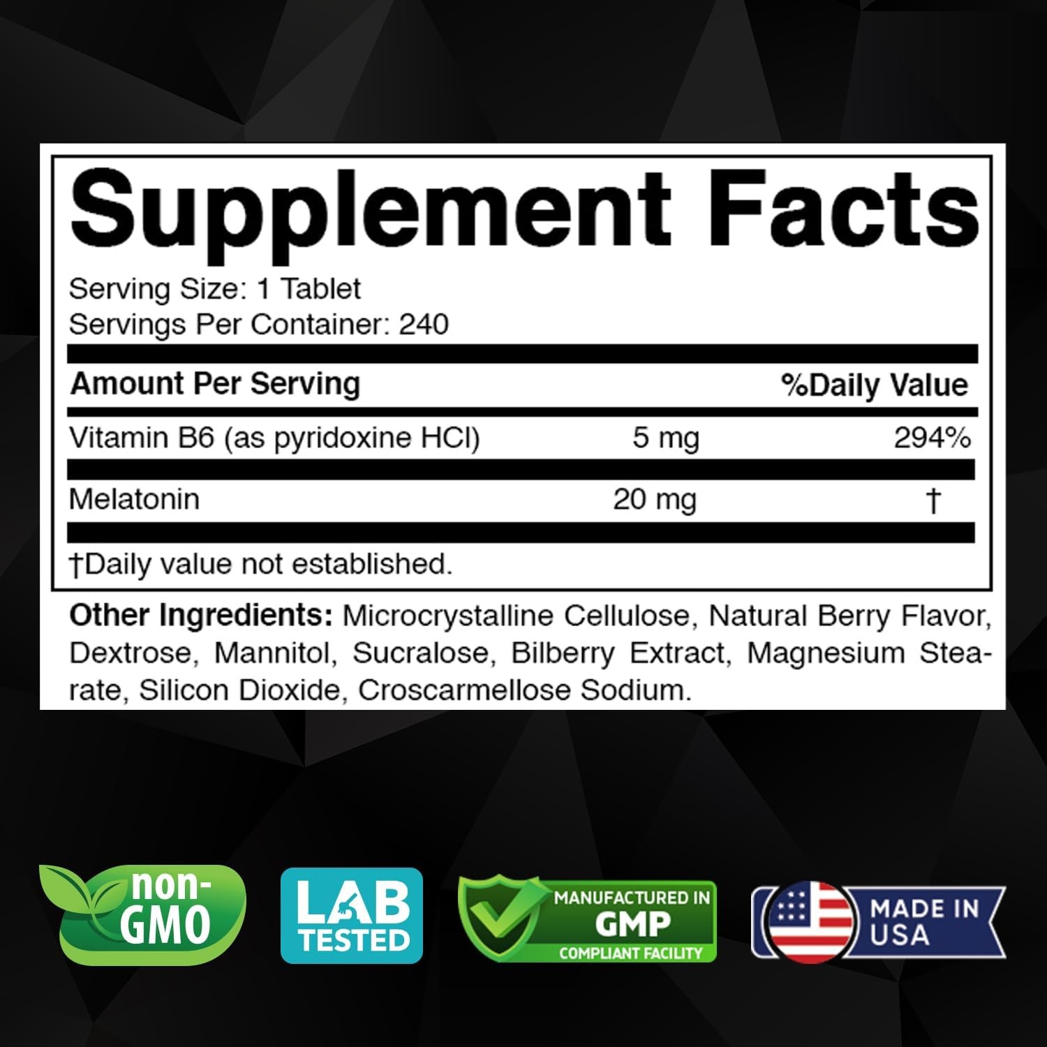 Melatonin 20mg High Potency Natural Sleep Aid Berry Flavor 240 Fast Dissolve TAB