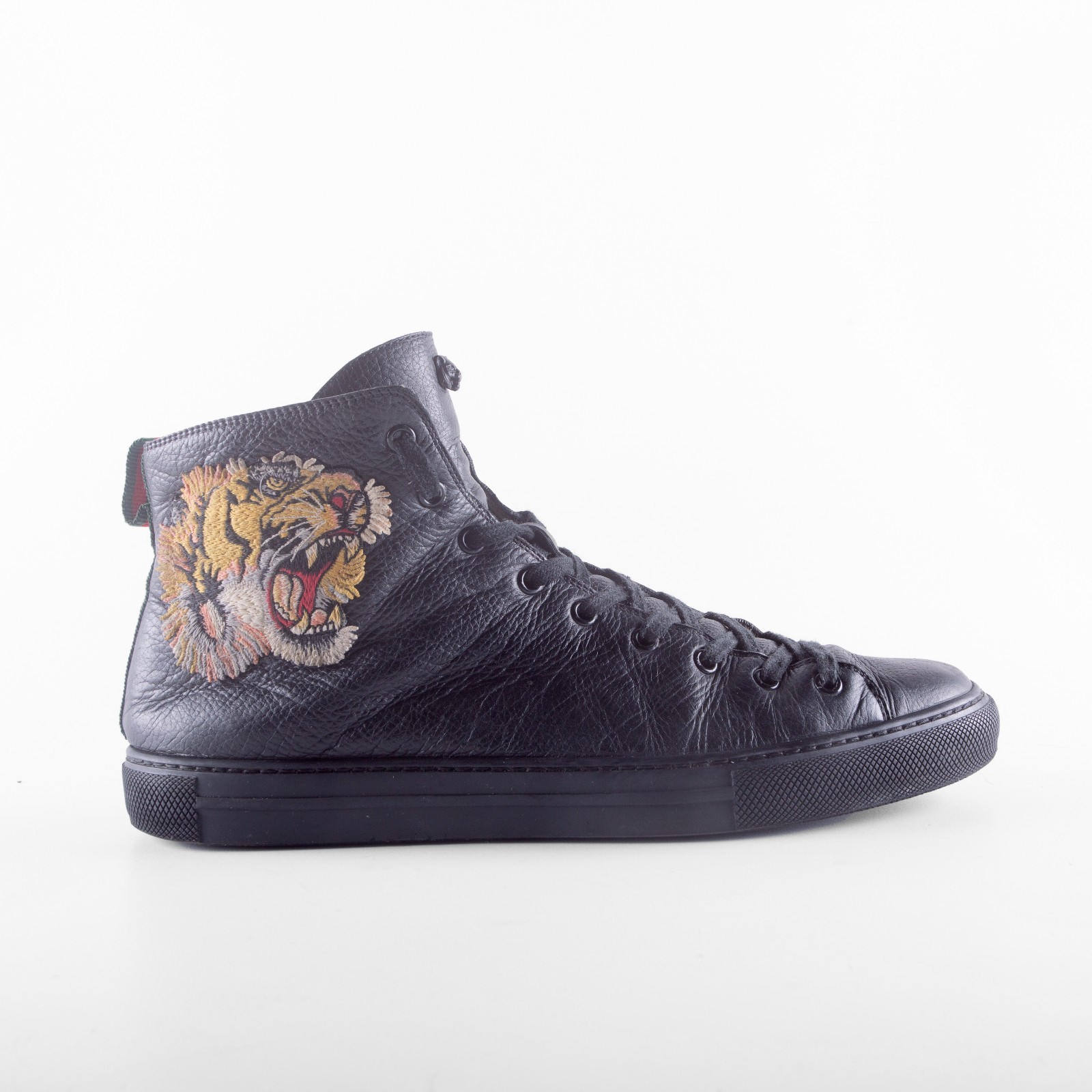 GUCCI Tiger Embroidered High Top Trainers Black Leather Mens UK 9