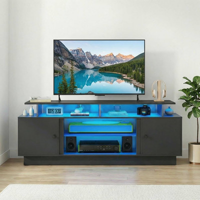 Sleek Black TV Stand for 80'' TVs with LED Lights & Storage Cabinets