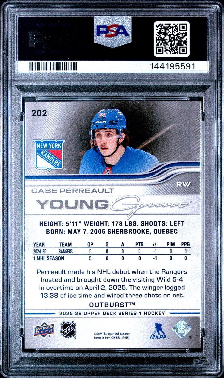 Upper Deck 2025-26 Series 1 Young Guns Gabe Perreault #202 Outburst RC PSA 10 view 2