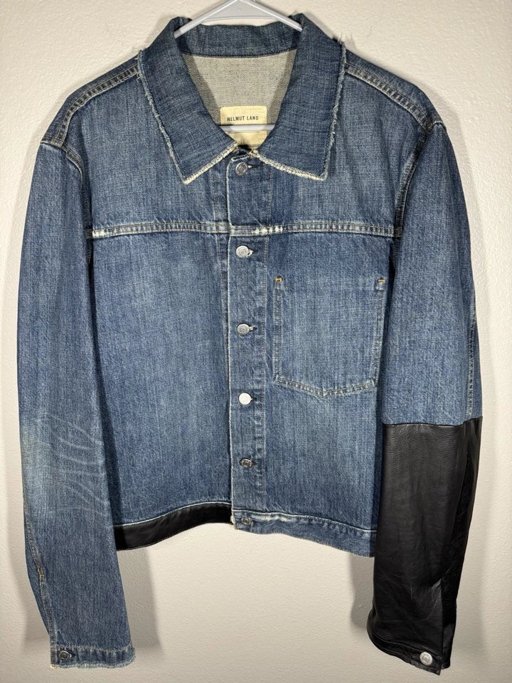 HELMUT LANG 2003 SS Leather Sleeve Denim Jacket Men’s Size Euro 52 Vintage Denim - Image 2 of 4