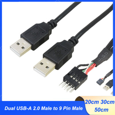 Dual USB-A 2.0 Male to 9 Pin Male / Female USB Header PCB Motherboard Cable 50cm