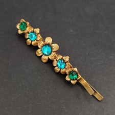 Michal Negrin Hairpin Barrette Romantic Deep Turquoise Flowers Crystals Hair Pin