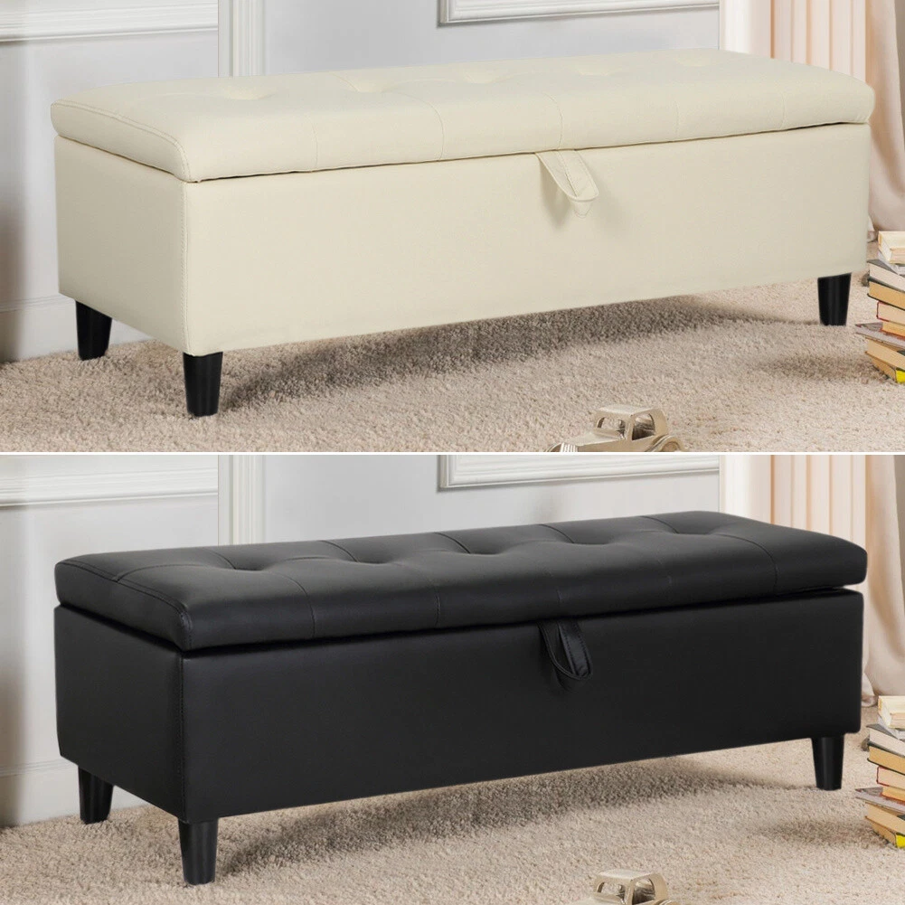 Faux Leather Storage Ottoman Bench Padded w Hinged Lid Chest Toy Blanket Box UK