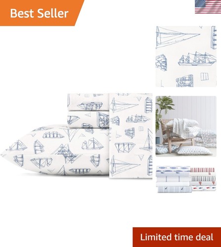 Twin Sheets, Cotton Percale Bedding Set, Coastal Bedding Set Whitewood Sail B...