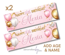 2 x Personalised Birthday Banners Large 900 x 300 PINK Gold ADD NAME & ANY AGE