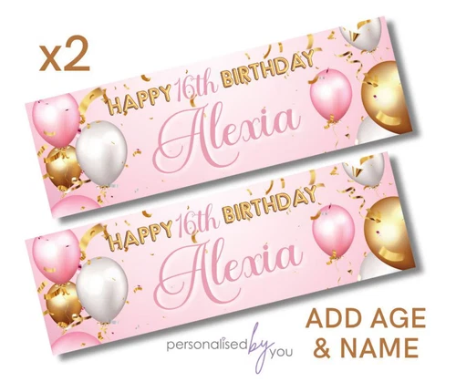 2 x Personalised Birthday Banners Large 900 x 300 PINK Gold ADD NAME & ANY AGE