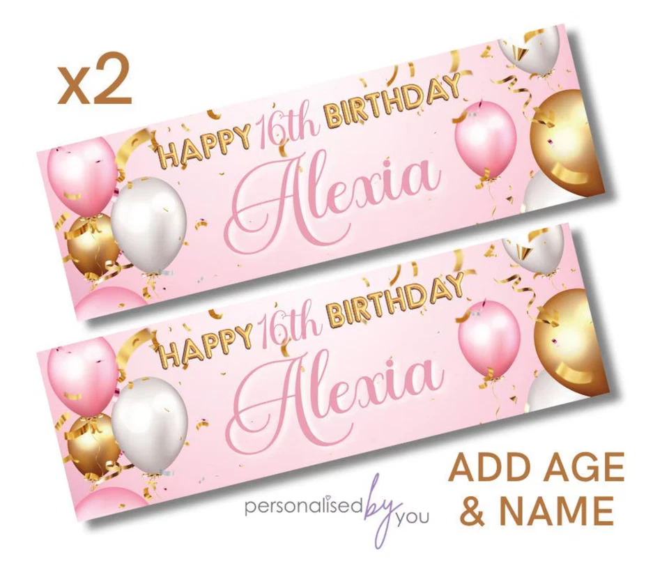 MADVINL 2 x Personalised Birthday Banners Large 900 x 300 PINK Gold ADD NAME & ANY AGE
