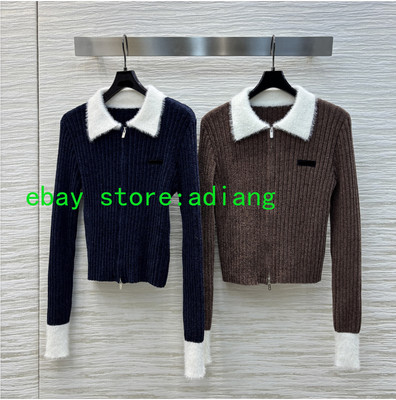 lapel patchwork knitted sweatert silm pullover short women 2024 SML high quality