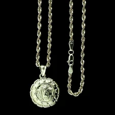 Mens Real 10K Yellow Gold Jesus & Mary Medallion Pendant & 2.5mm Rope Chain