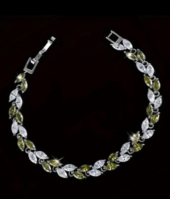 Bling Green Leaves Tennis Bracelet - Extender Clasp, Synthetic Zircon Costume