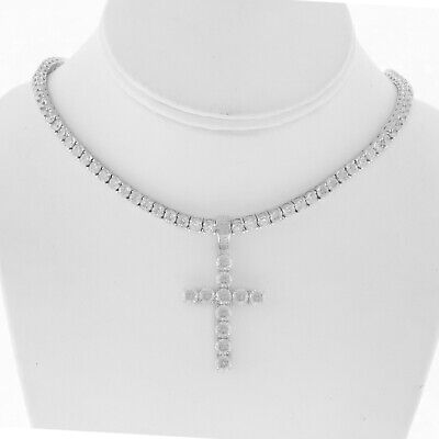 Men Silver Finish  Micro Pave JESUS CROSS 4mm Bling Tennis Chain 1 Row