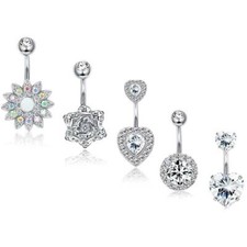 5PCS CZ Belly Button Rings Navel Rings Stainless Steel Body Piercing Jewelry 14G