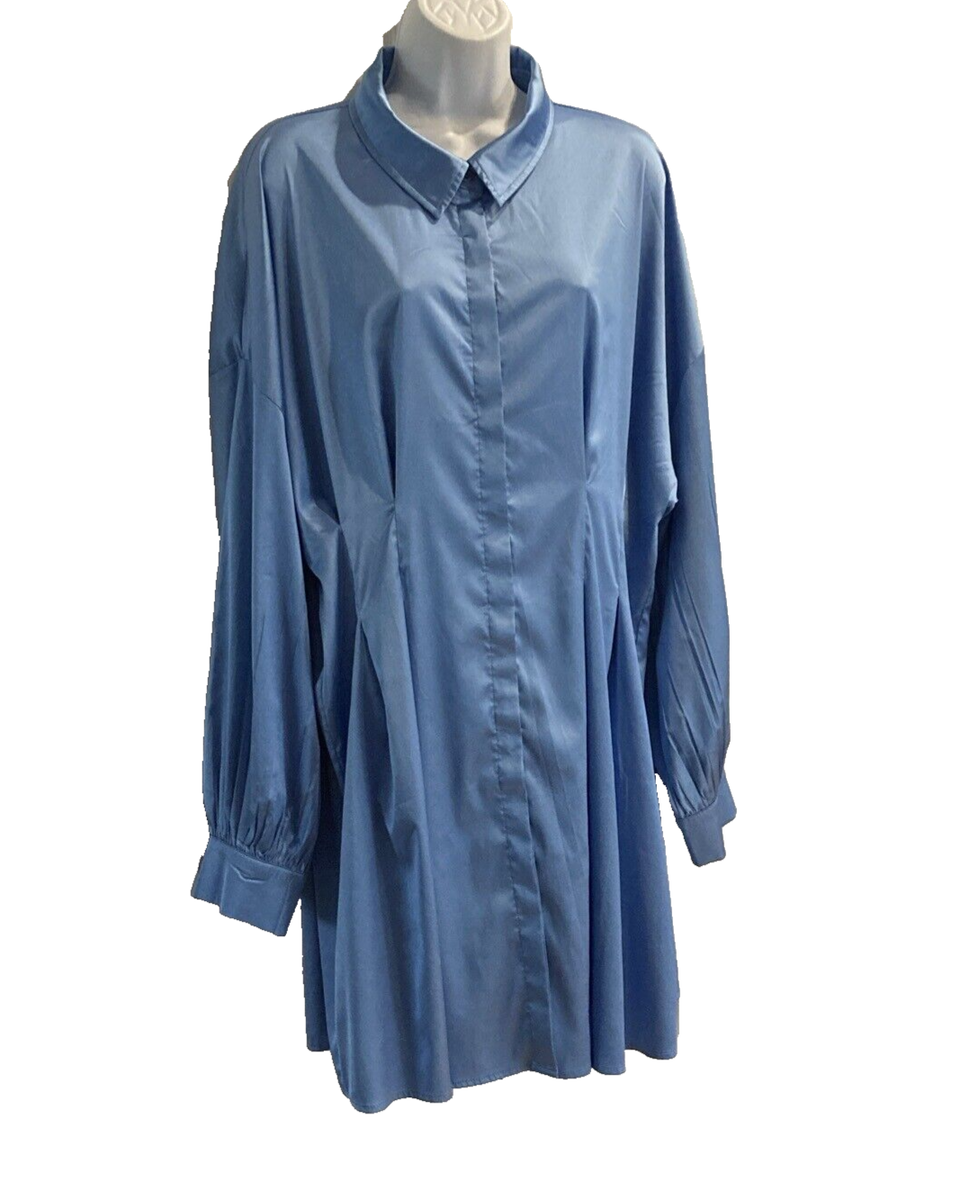 Missguided Blue Satin Pleated Waist Shirt Dress - Women's Size 14