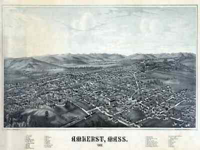 6066.Amherst MAss.1886 Poster.Bird Eye view.Aerial map.Home room interior design
