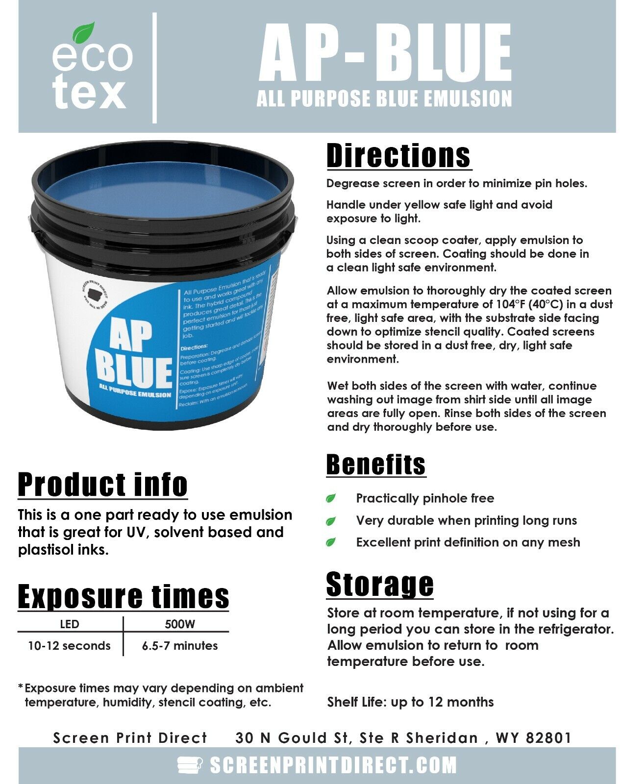 Ecotex® AP Blue Screen Printing Emulsion (Quart - 32oz.) Pre - Sensitized  Photo Emulsion for Silk Screens, Textiles, and Fabric - for Screen Printing