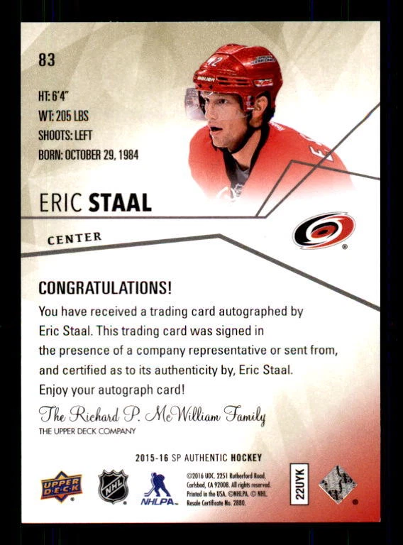 2015-16 SP Authentic Limited Autographs #83 Eric Staal Auto #/99 (ref 30339) - Image 2 of 2
