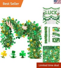33 FT St Patricks Day Garland Decor Gold Green Shamrock Hat Tinsel Garland, S...