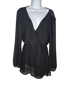 Final Touch Black Sheer Romper Long Sleeve Deep V Open Back M Soft Goth