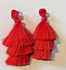 Fun Long Red Triple Tassle Earrings on Posts, Butterfly Close, Lightweight, Soft
