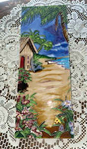 ART SIGNED PING HANDPAINTED BEACH HOUSE W FLOWER COLORFUL CERAMIC WALL TILE
