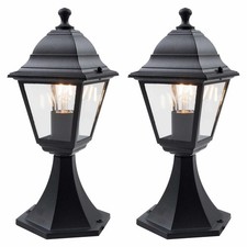 Set of 2 Modern IP44 Outdoor Post Pedestal Lights Lantern Style Black