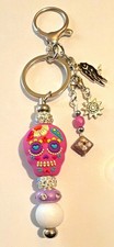 Pink Purple White Sugar Skull Beaded Keychain/Charm w/ Detachable Keyring