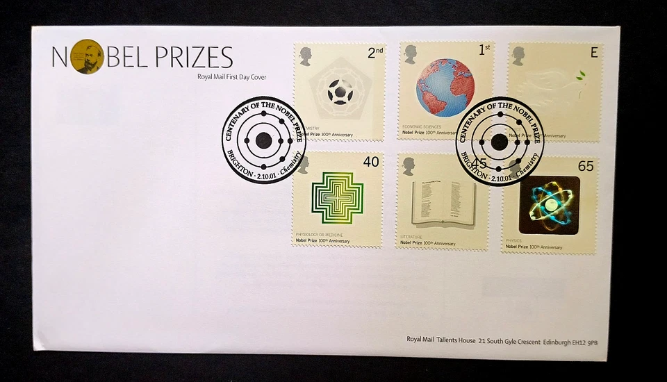 Great Britain UK "NOBEL PRIZES" 4 FDC with Unique Stamps & Special Postmark 2001 - Image 3 of 4