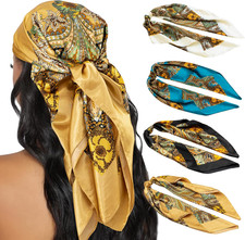 Silk-Like Satin Head Scarves for Women - 4PC Set, 35  Square Bandanas