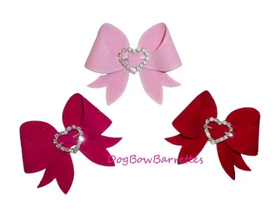 Puppy bows ~ rhinestone heart hair bows barrette or bands pet dog bow
