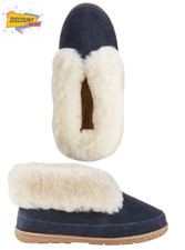 Women's Australian Shearling Cuffed Bootie Slippers, Navy - Brand New 100 
