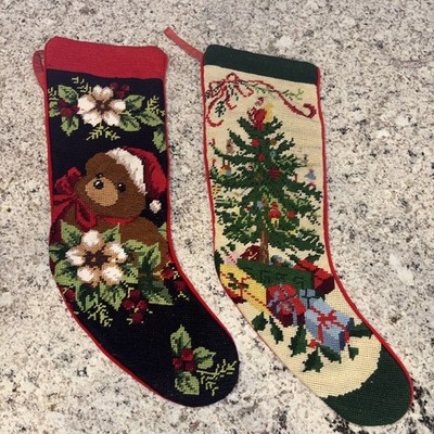 Pair of Vtg Wool Needlepoint Teddy Bear Tree Christmas Stocking Red Velvet Back