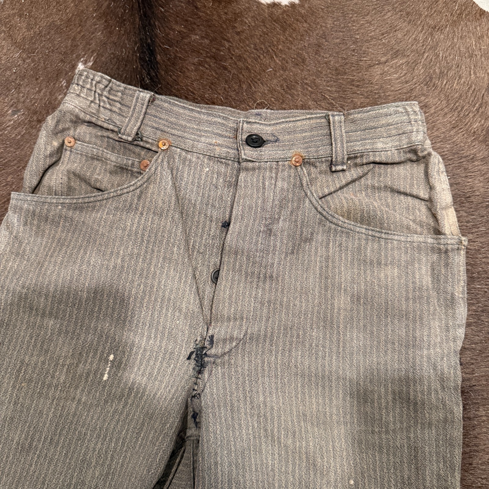 Vintage 1940s French Workwear Herringbone Pants - Button Fly Thrashed Distressed