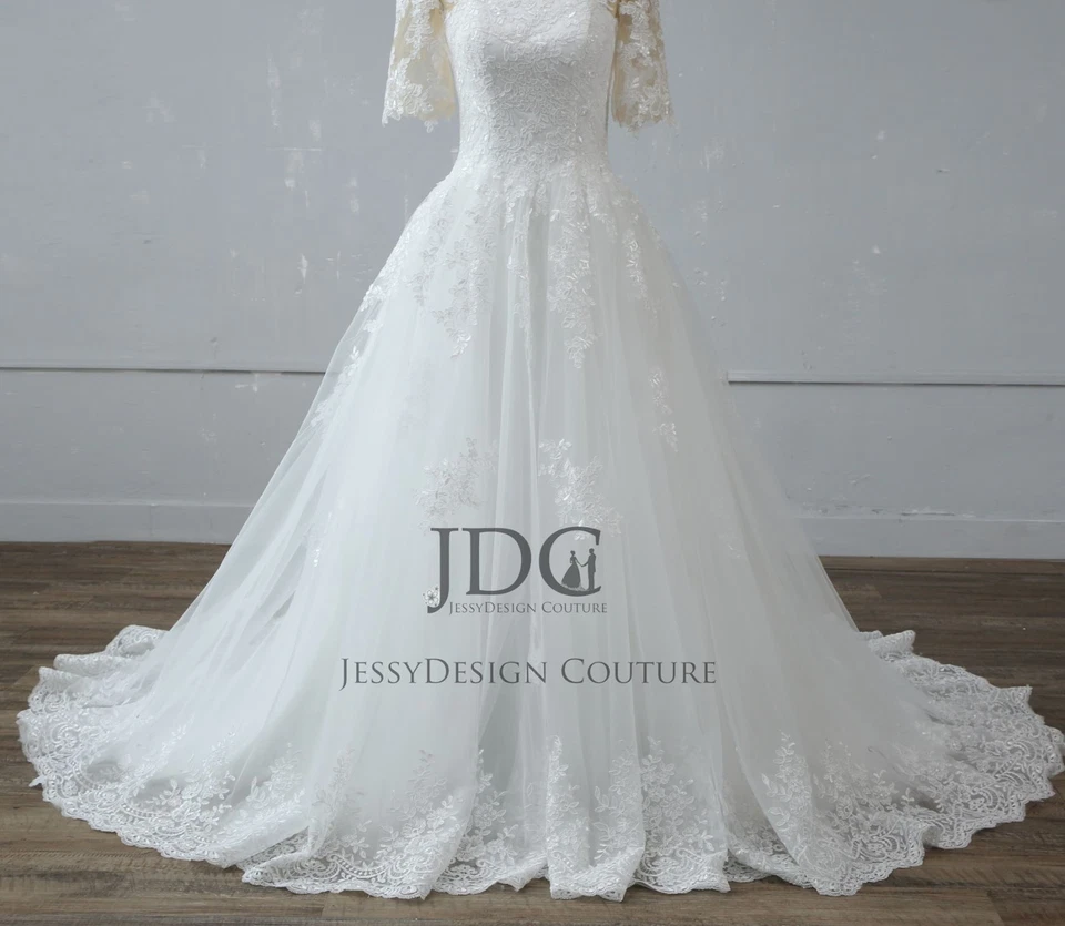 Schulterfrei Brautkleid Hochzeitskleid 32-60 Halbarm Knöpfe Ivory Top Qualität - Bild 2 von 4