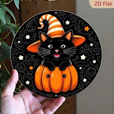 Retro Black Cat Round Halloween Tin Metal Signs Home D cor 8x8