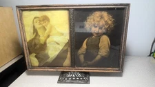 Vintage Double Picture Wood Frame On Metal Pedestal Desk Top Stationary