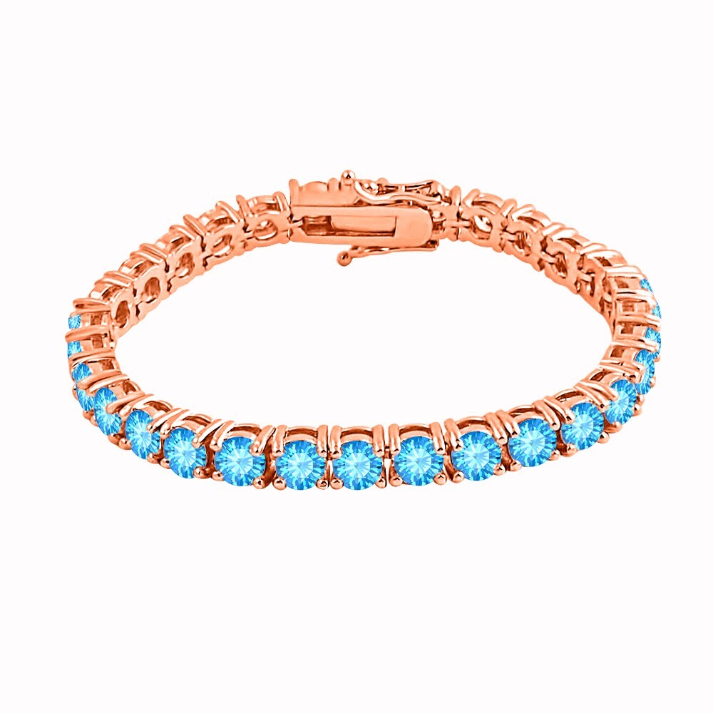 14K Rose Gold Plated Silver Blue Topaz Tennis Bracelet 8 Inch for Women