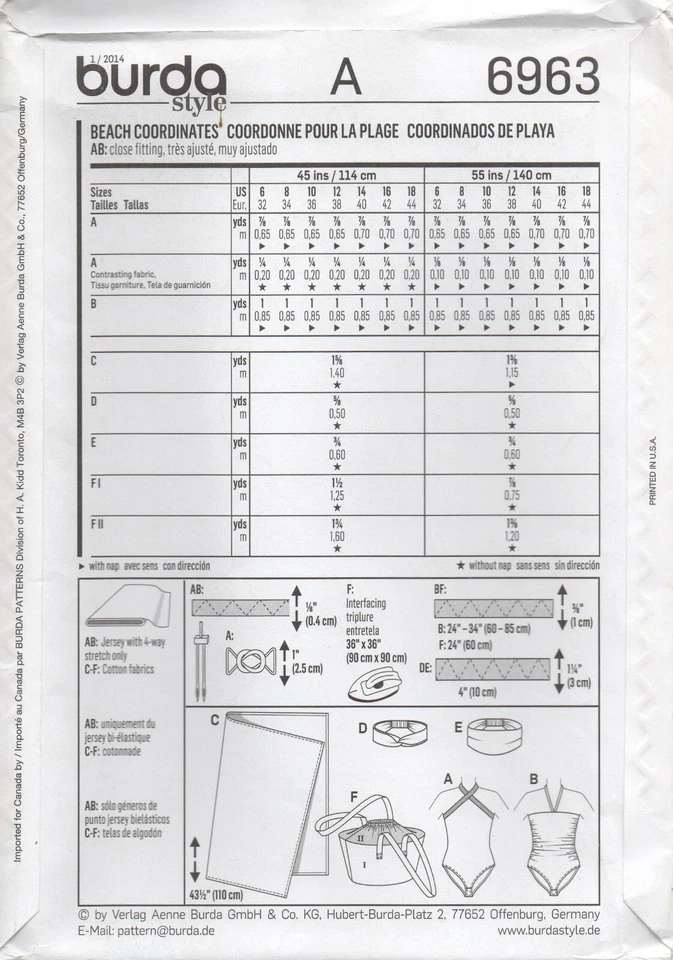 Burda Sewing Pattern 6963 Swimsuit Costume Sarong Bag Headband Size 6 - 18 NEW - Image 3 of 4